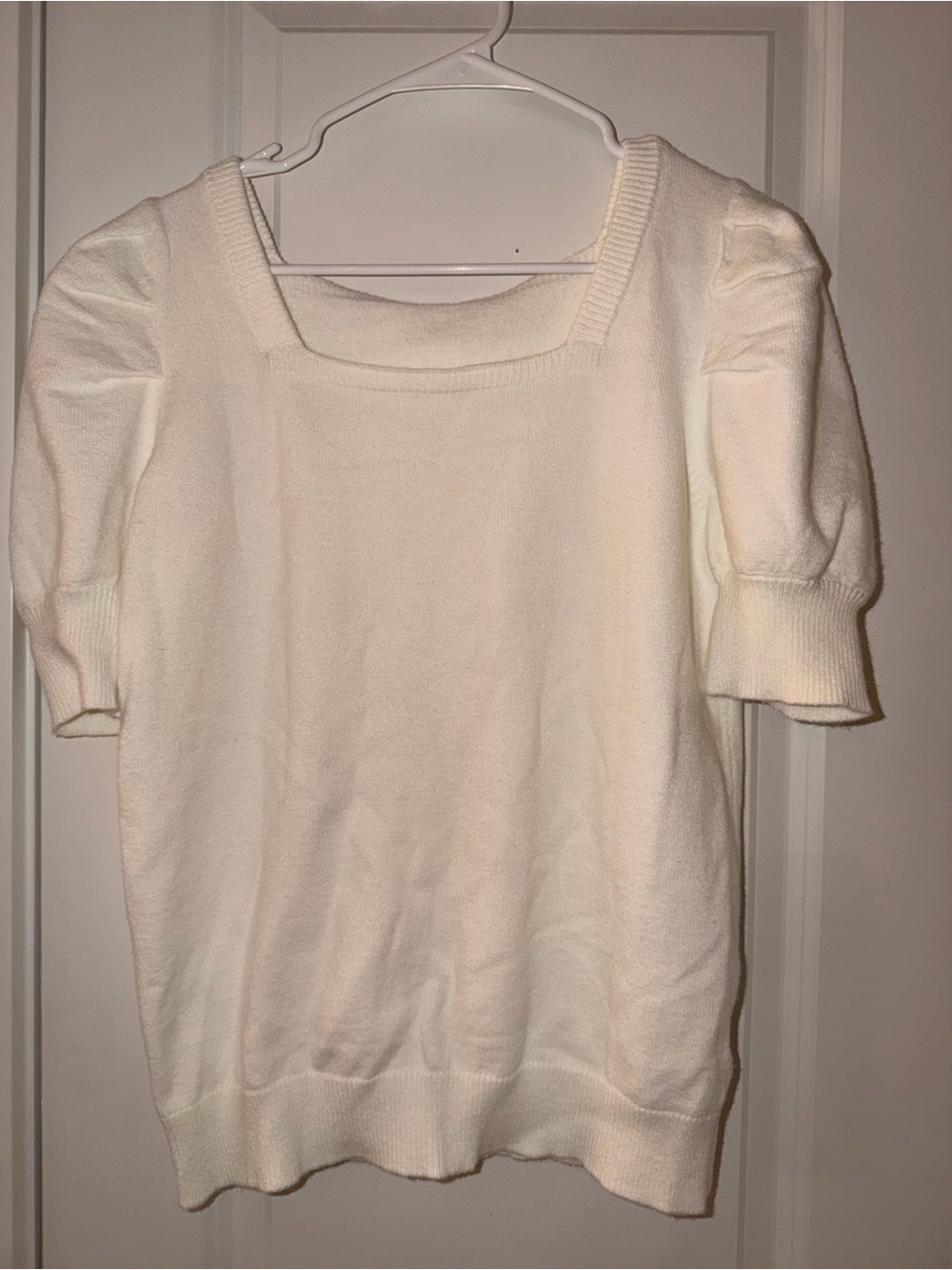 Amazon Cream Square Neck Puff Sleeve Knit Top - Short Sleeve Sweater